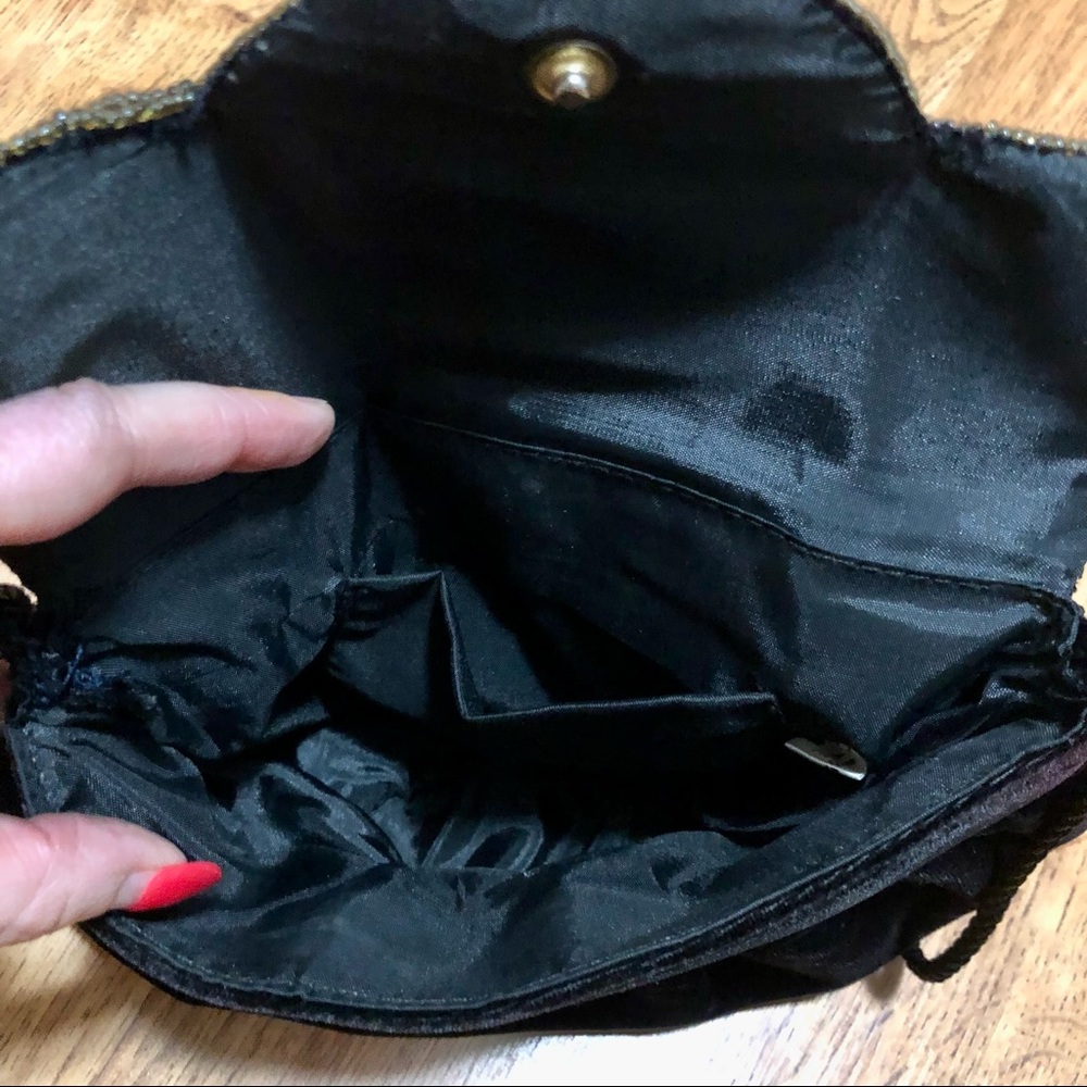 Vintage 70s Crushed Velvet Mini Shoulder Bag Beaded Black Gold Sparkly Art Deco - Picture 5 of 9